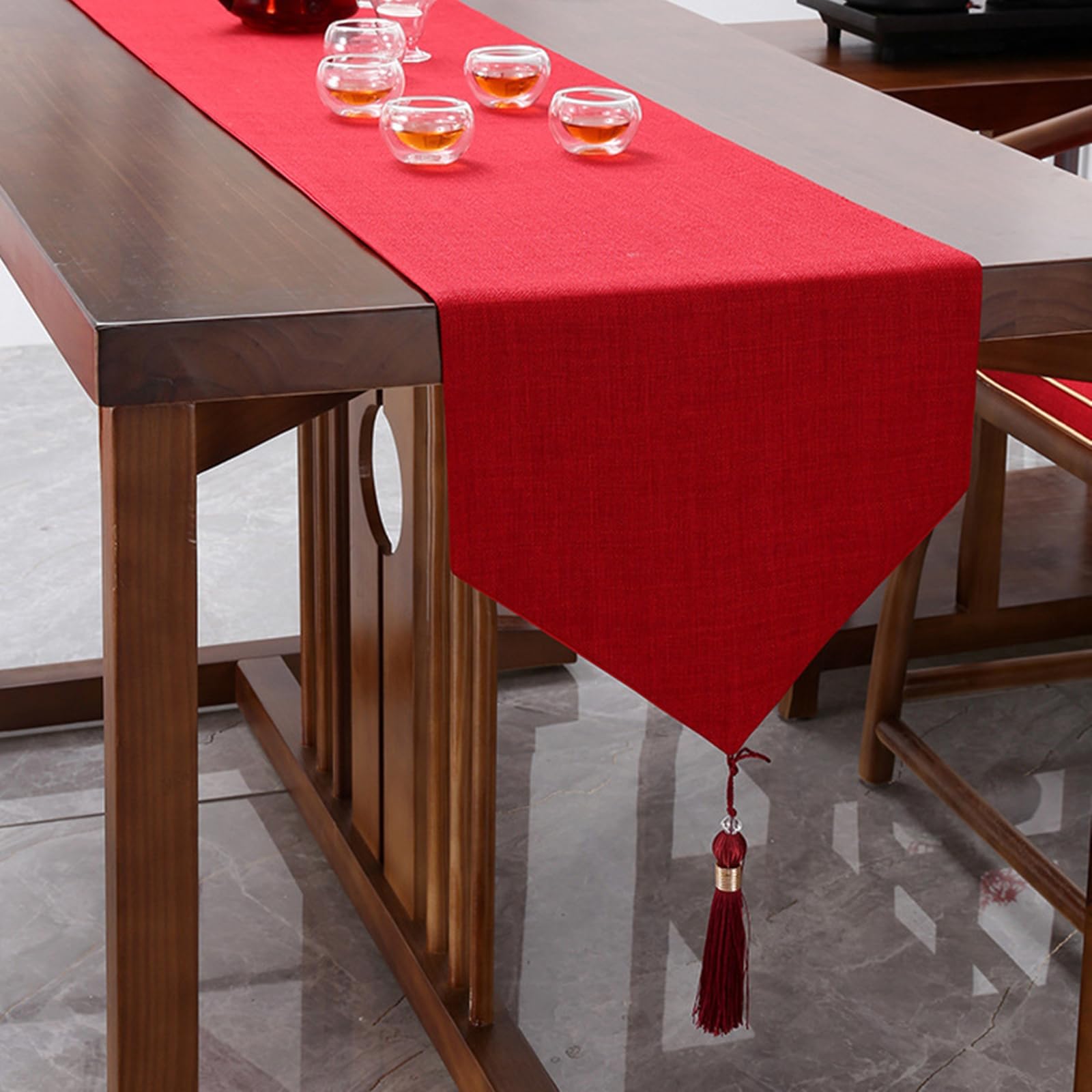 Rot Tischläufer Baumwolle Leinen, Makramee Boho Tischläufer Deko Abwaschbar Tischband Einfarbig Gewebter Muster mit Quasten Tischdecke für Küche Esstisch Dekor, 33x160 cm, Rot
