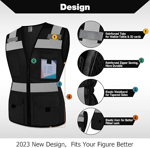 Miniatura 3 de TCCFCCT Chaleco de seguridad para mujer, chaleco reflectante de malla de 11 bolsillos con cremallera, chaleco de trabajo de construcción de neón de