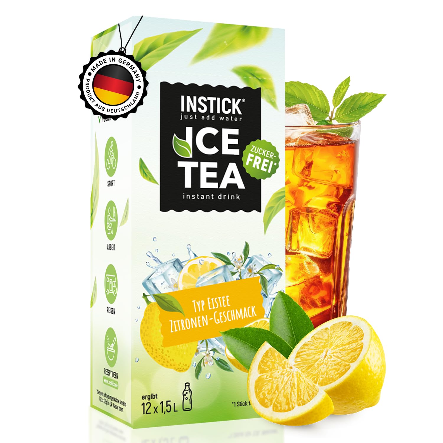 INSTICK Zuckerfreies Instant-Getränk (Eistee Zitrone) - 1 Packung für 12 x 1,5-2,5 L- Veganes Getränkepulver Kalorienarm & Vitamin C - Instant-Pulver