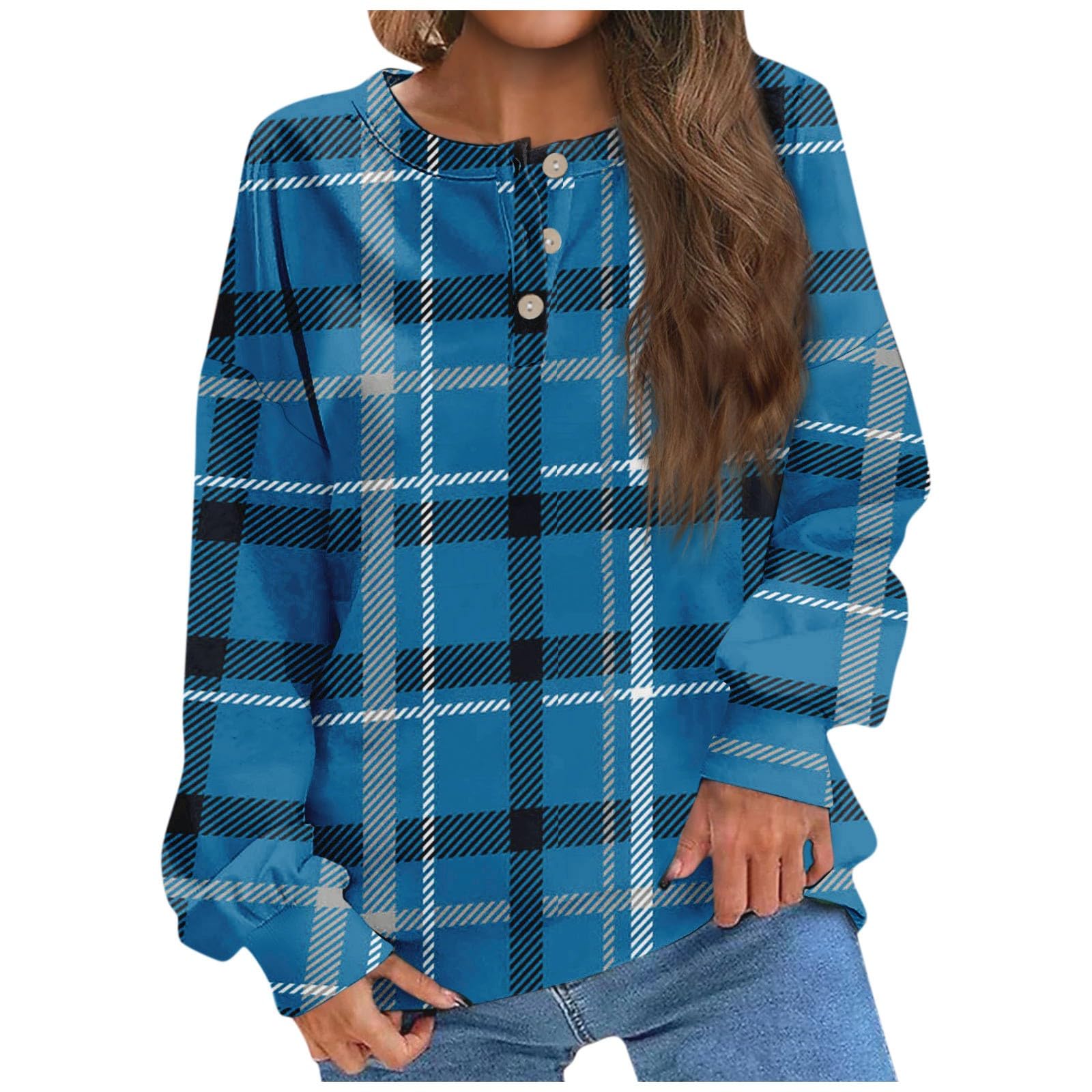 Stutye Sweatshirt Women's Autumn And Winter Round Neck Print Button Design Loose Casual Long Sleeve Pullover Top