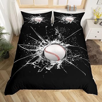 3D Baseball Duvet Cover,Sports Theme Bedding Set,Broken Mirror Comforter Cover for Boys Girls Kids Room Decor,Black and White Lightweight Bedspread Cover Twin Size with 1 Pillow CaseNo Comforter