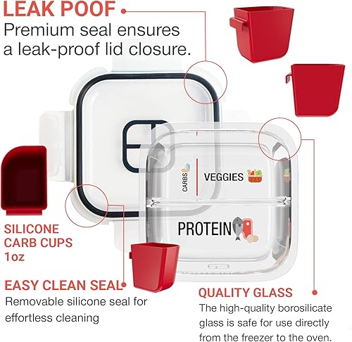 Miniatura 2 de Contenedores de control de porciones para comidas bariátricas, recipientes de vidrio de 8 onzas con dos compartimentos y tapas de 4 onzas (paquete