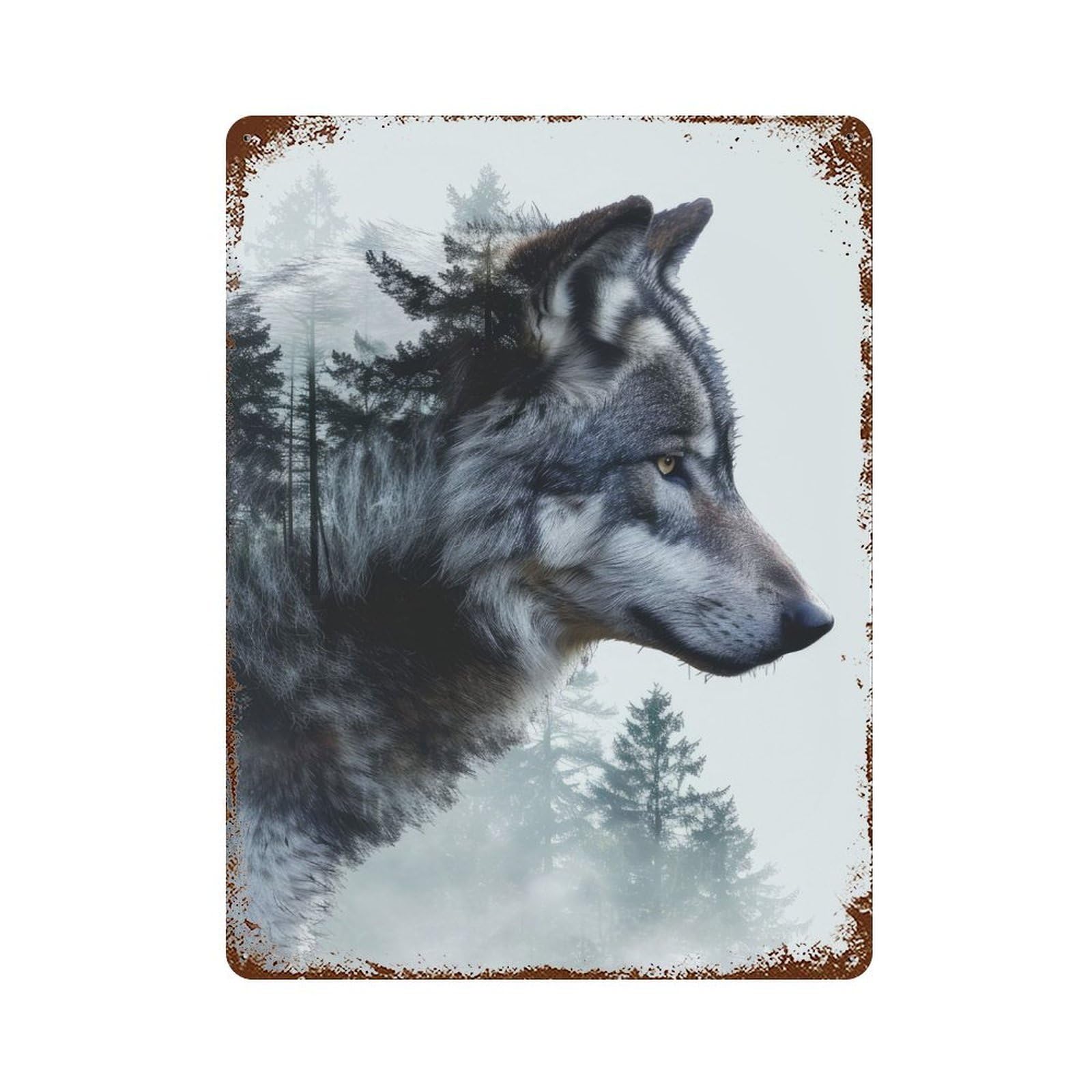 Double Exposure Wolf Rusty Metal Tin Sign 15.7"x11.8", Shabby Chic Decor for Garage, Bar And Workshop Decor