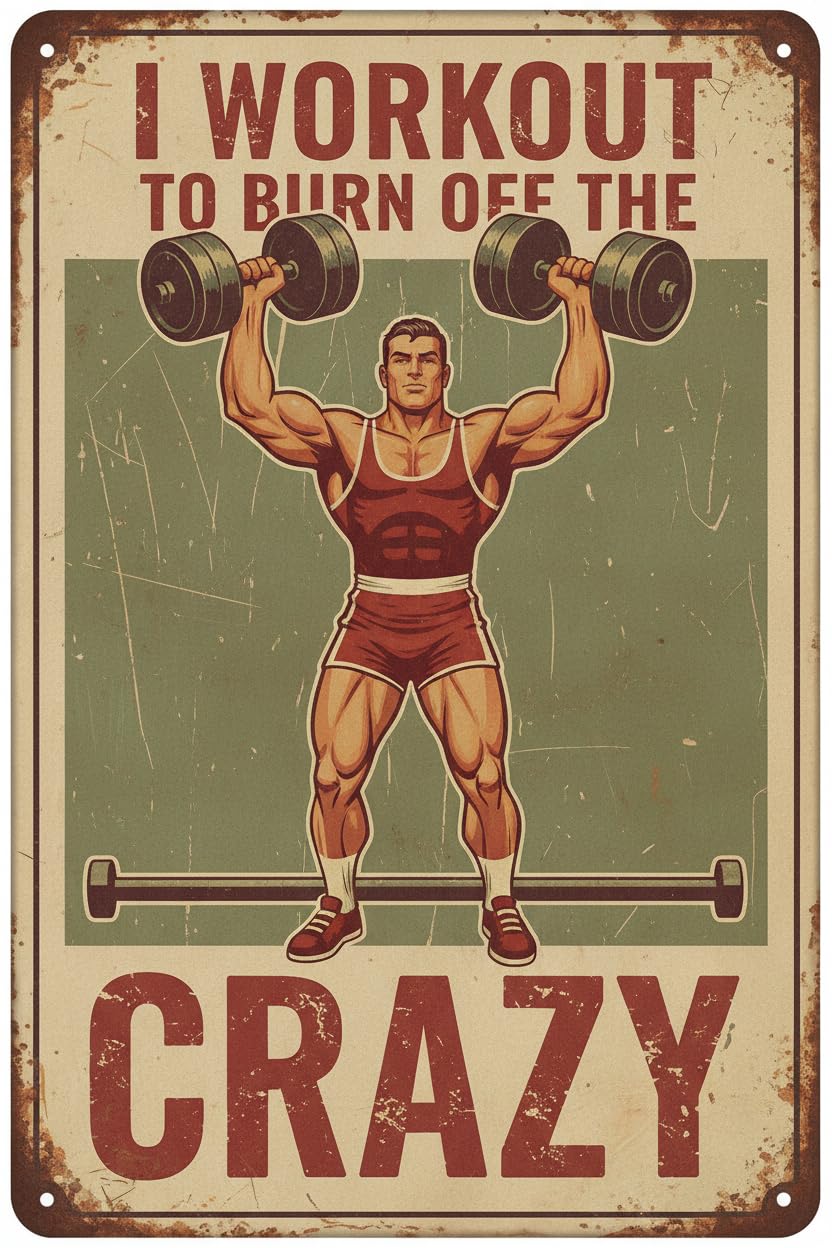 Vintage Girl Gym Tin Sign I Workout to Burn off The Crazy Retro Fitness Wall Decor Nostalgic Art Funny Workout Room Inspirational Metal Poster Store Cafe Pubs Bedroom Bathroom 8x12inch