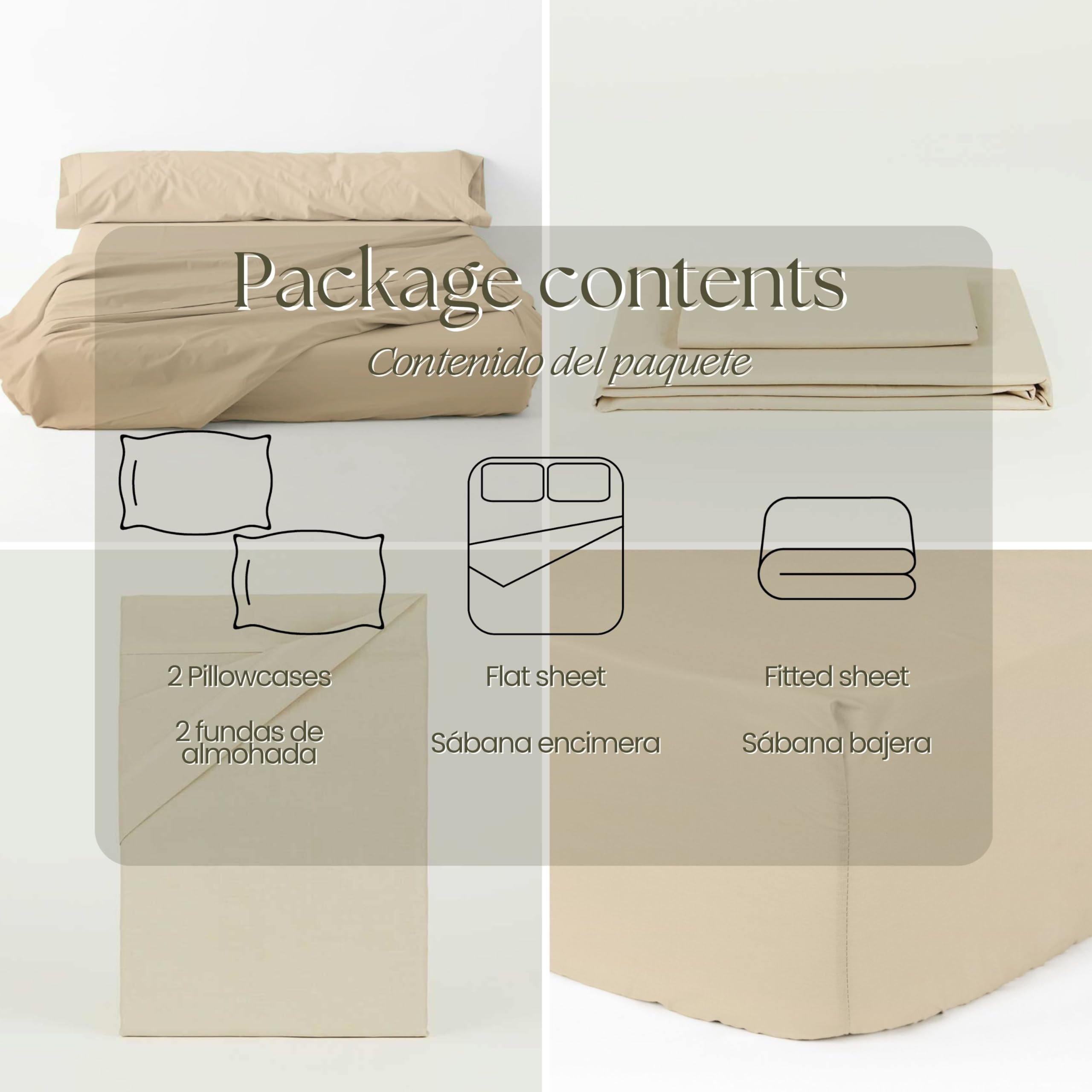 TRAMAS+ Parure de lit 100% Coton pour lit 160x190/200 cm, 4 pièces, Drap-Housse, Drap Plat et 2 taies d'oreiller 90x45 cm, Douce, Respirante et certifiée Oeko-TEX, Sable