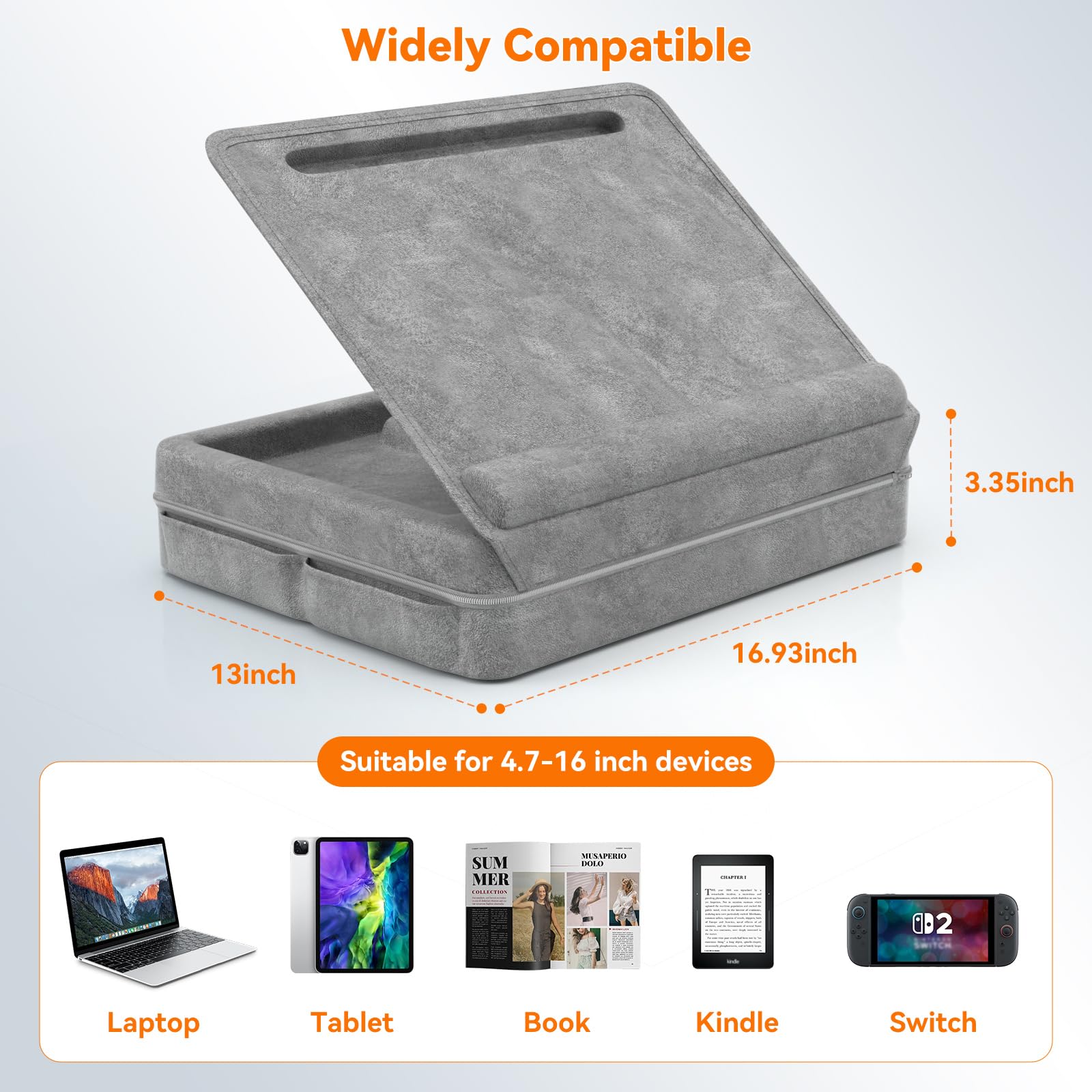 KDD Supporto PC Portatile Cuscino, Laptop Stand da Letto con Contenitore, Supporto Regolabile per Laptop con Fascia Antiscivolo & Spazio per Tablet Casa Ufficio Dormitorio