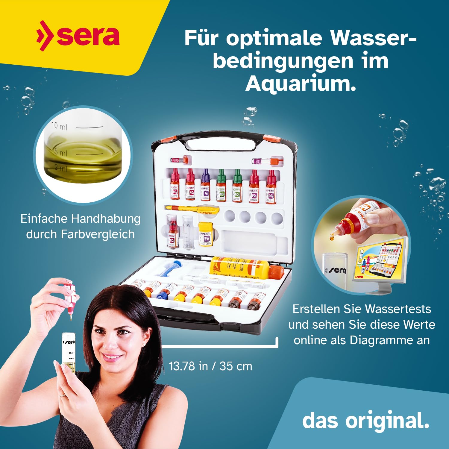sera Aquarium Wassertest Box | Wasser-Testkoffer für Fortgeschrittene | pH, GH, KH, NH3/NH4, NO2, NO3, PO4, Fe und Cu | schnell, genau, professionell