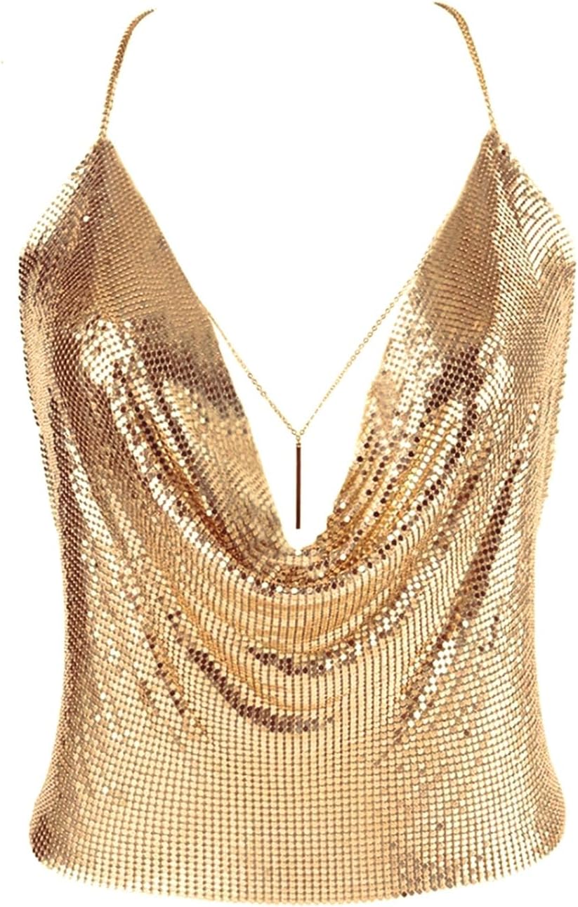 Gold Sexy Tops for Women Sparkly Deep V Neck Crop Tank Tops Cami Body Chain Top