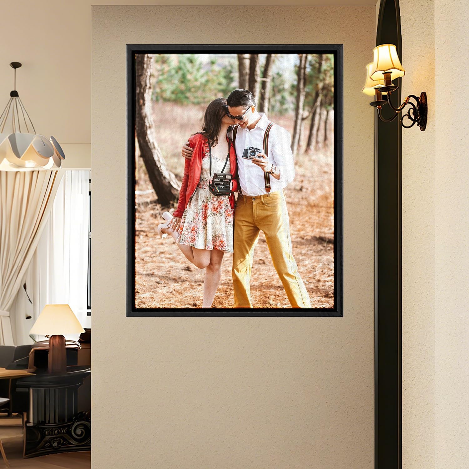 Canvas Floater Frame Fits 1.25 In Deep Gallery-Wrapped Canvas, Floating Picture Frame for Wall Art, Posters, Oil Paintings and Prints, PS Wood Grain Look Frames with Hanging kit, Black,14X18 inch