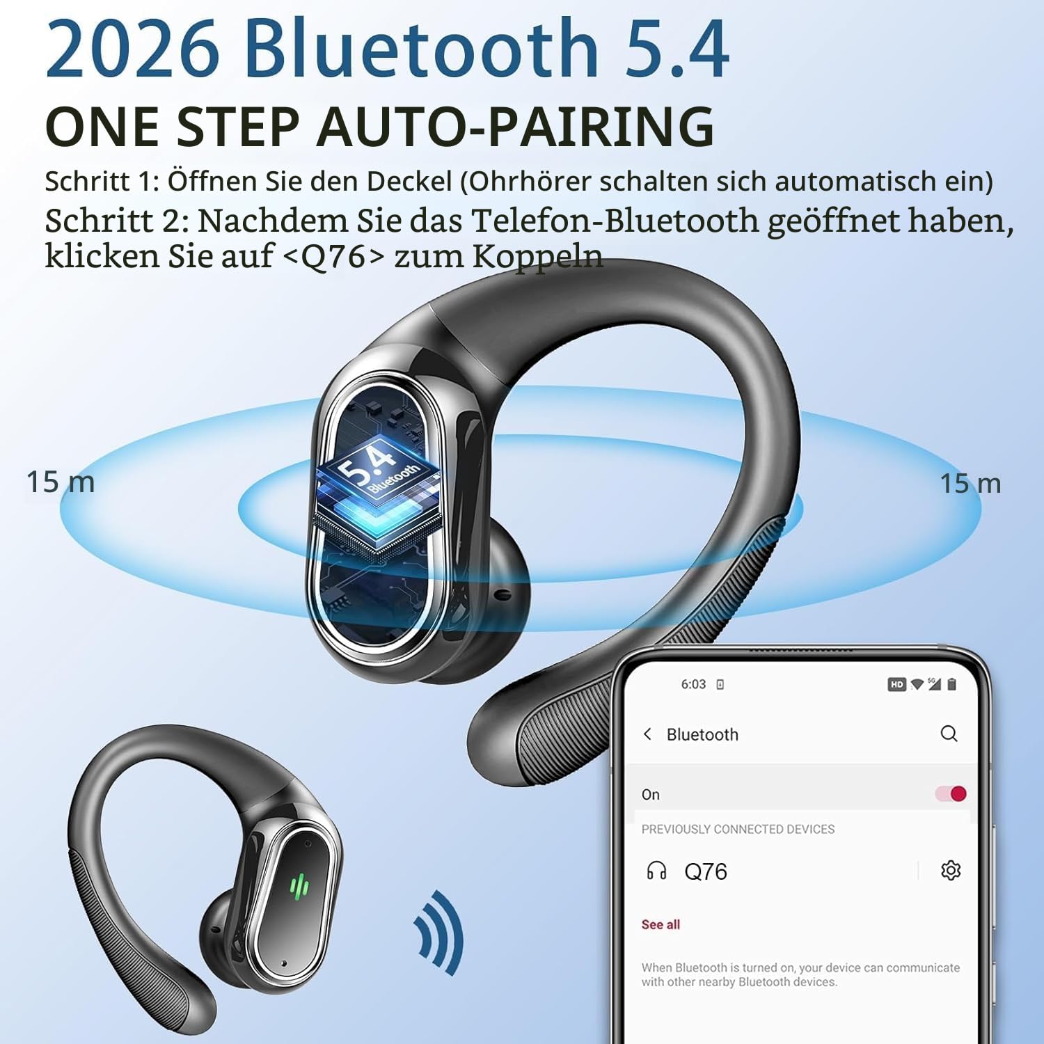 2026 Bluetooth Kopfhörer, Kopfhörer Kabellos Bluetooth 5.4 Sport tiefer Bass, 50 std Spielzeit In Ear Kopfhörer mit 4 ENC Noise Cancelling Mic, IP7 Wasserdicht Ohrhörer LED-Anzeige für Arbeit/Studium
