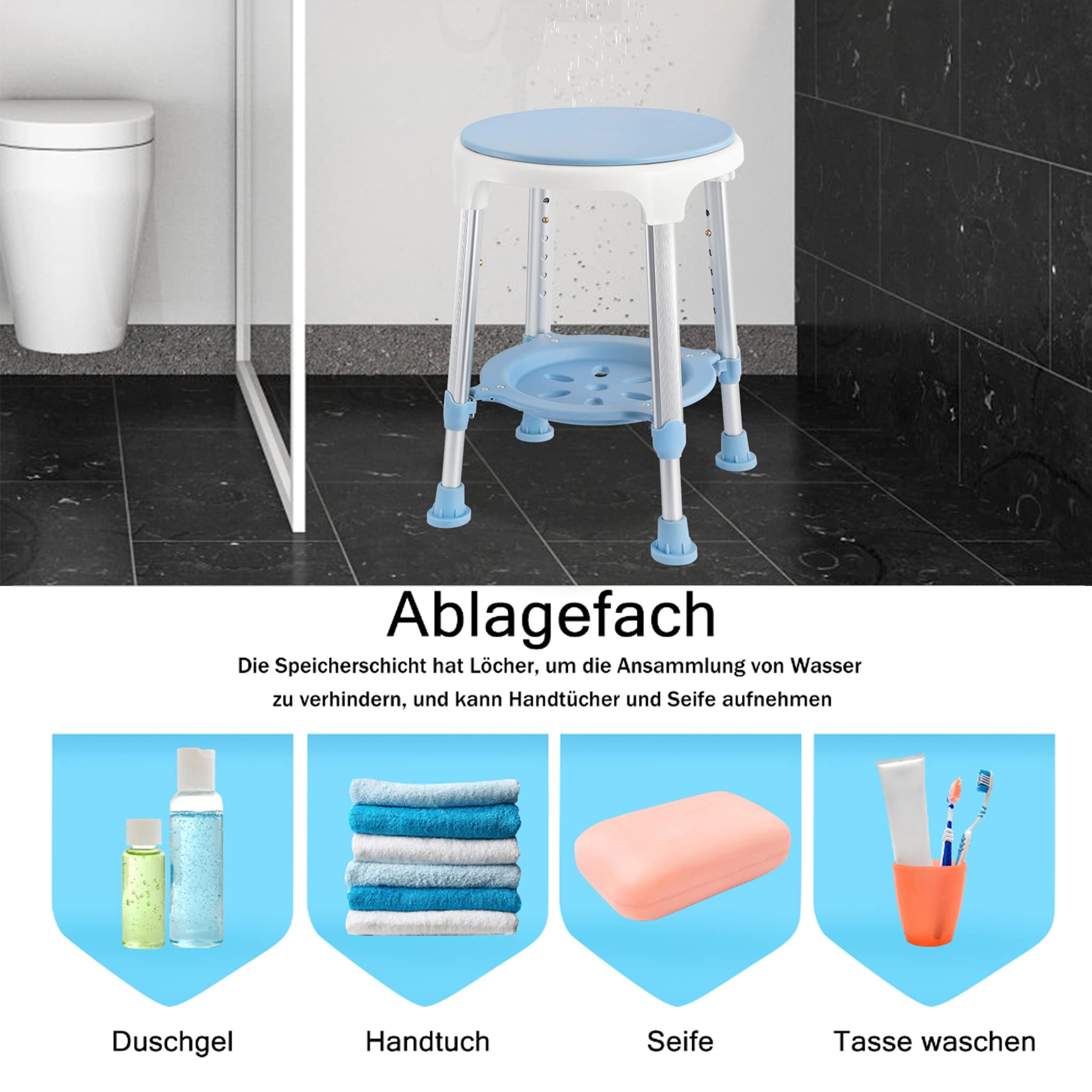 XMTECH Obracany o 360° taboret prysznicowy, taboret łazienkowy, 42-54,5 cm, regulacja wysokości, taboret łazienkowy, pomoc pod prysznic, siedzisko łazienkowe, maks. 150 kg