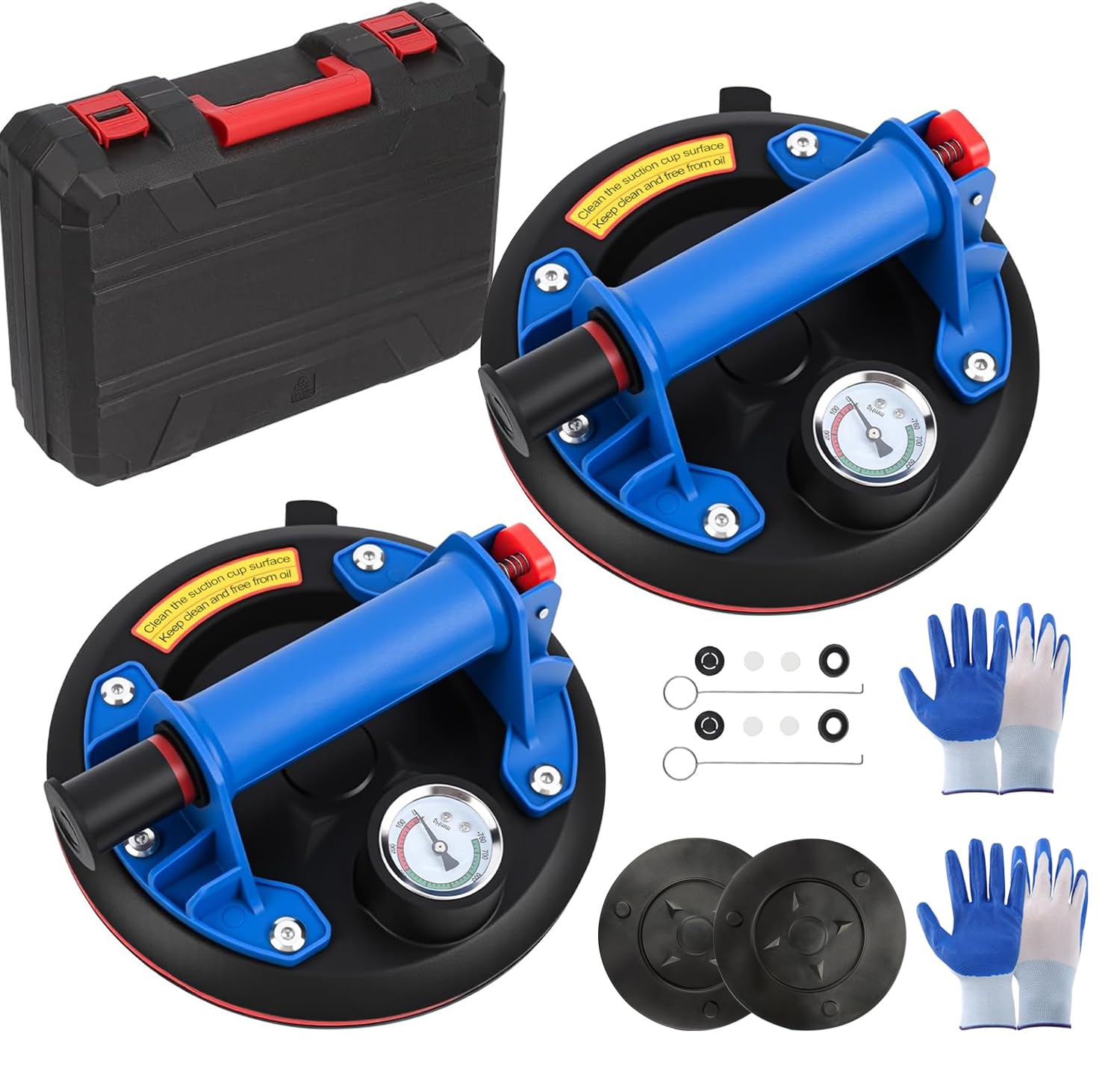 2 Pezzi 8" Ventosa per Piastrelle con Barometro, Ventose per Vetro i Carico Max. 200 kg, Ventose Capacitàdi con Cassetta Attrezzi Portatile, Ventose Professionali per Vetro, Piastrelle, Marmo