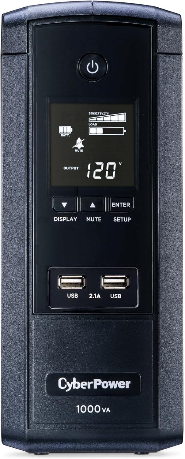 Фронт view of CyberPower BRG1000AVRLCD UPS with illuminated LCD display and USB charging ports.