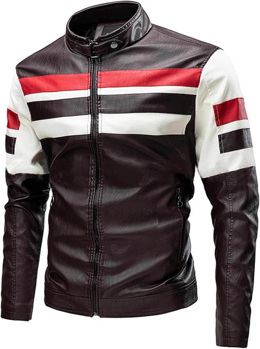 Men's Stand Collar Leather Jacket Fall Trendy Color Block Motor Biker Jacket Full Zip Outerwear Coats S-5XL