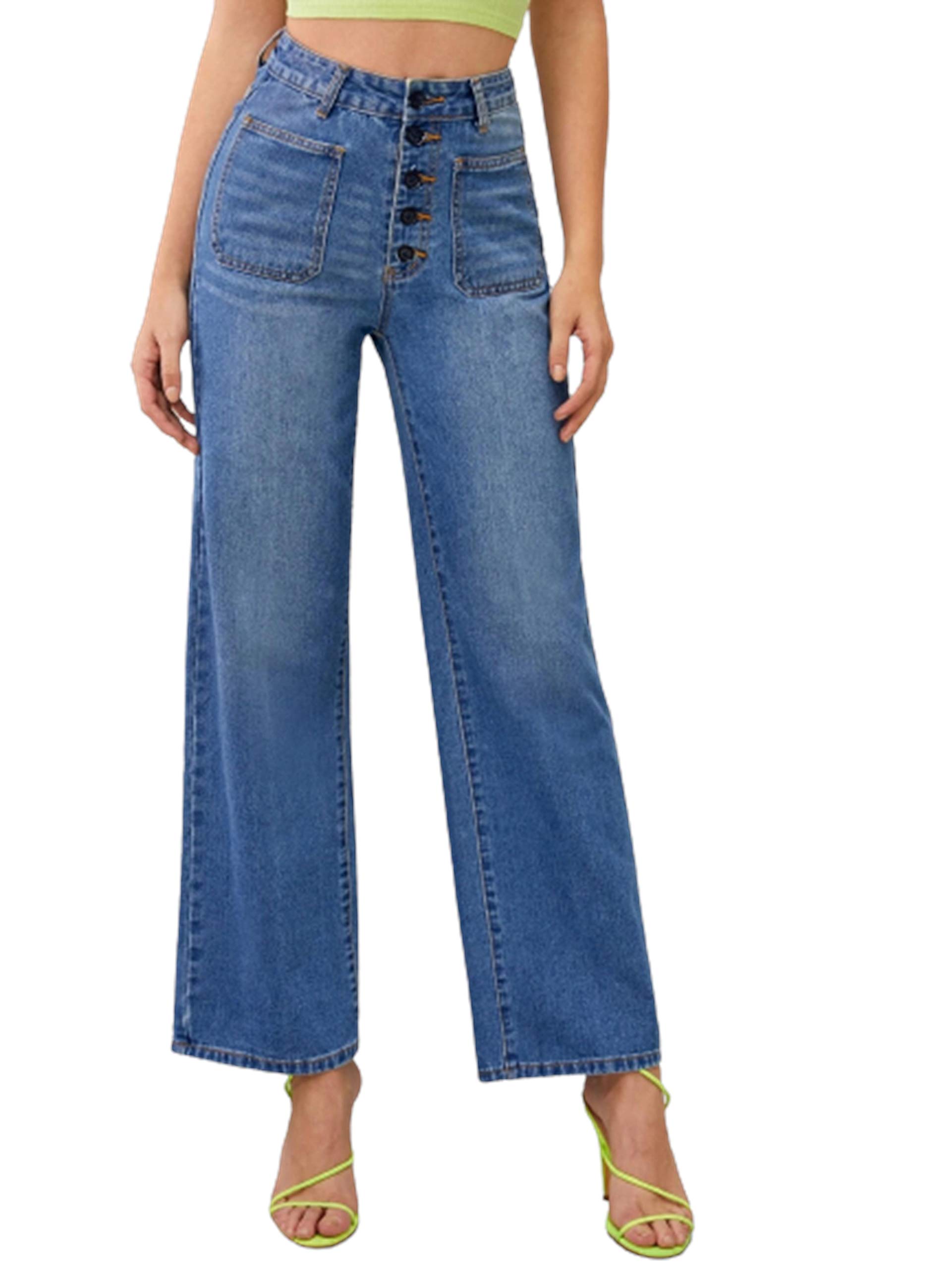 Ketch Womens High Waist Flared Fit Ankle Length Clean Look Blue Denim Jeans in blue