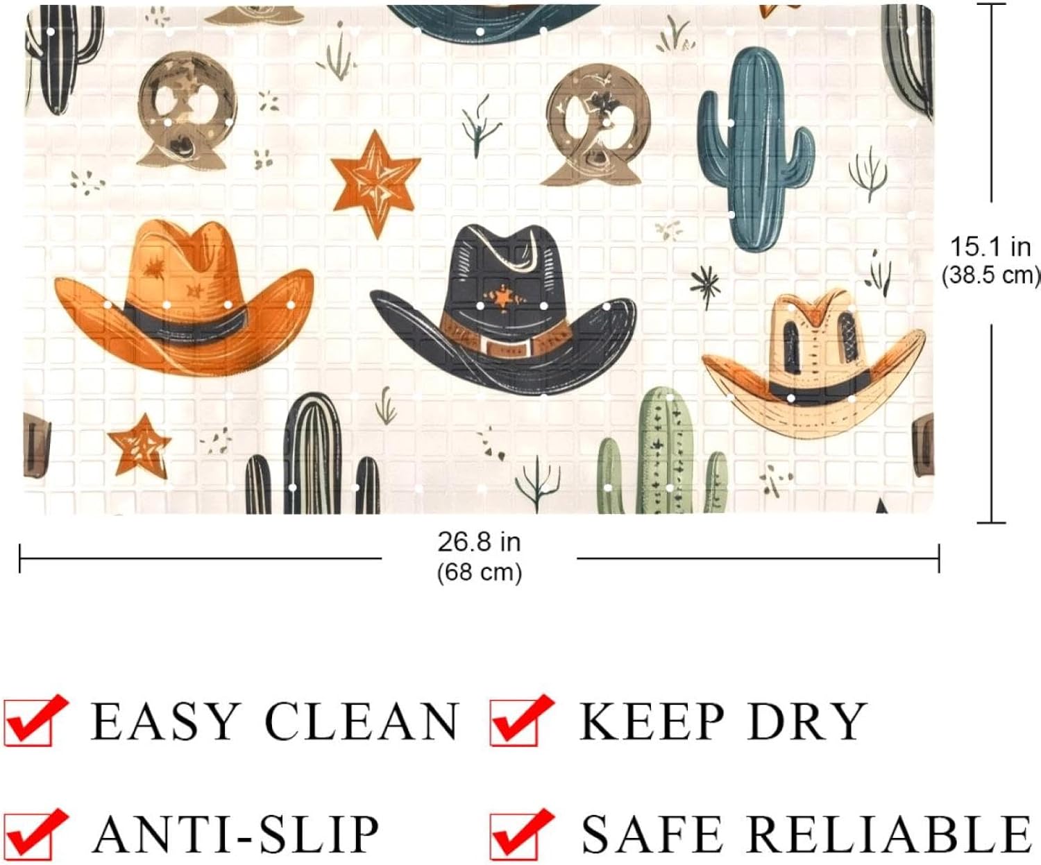 Bath Tub Mat Non Slip 15.1 x 26.8 Inch, Cowboy Hats with Cactus Horseshoe Stars Pattern Eco Friendly Bathmat with Suction Cups Drain Holes Shower Tub Mats