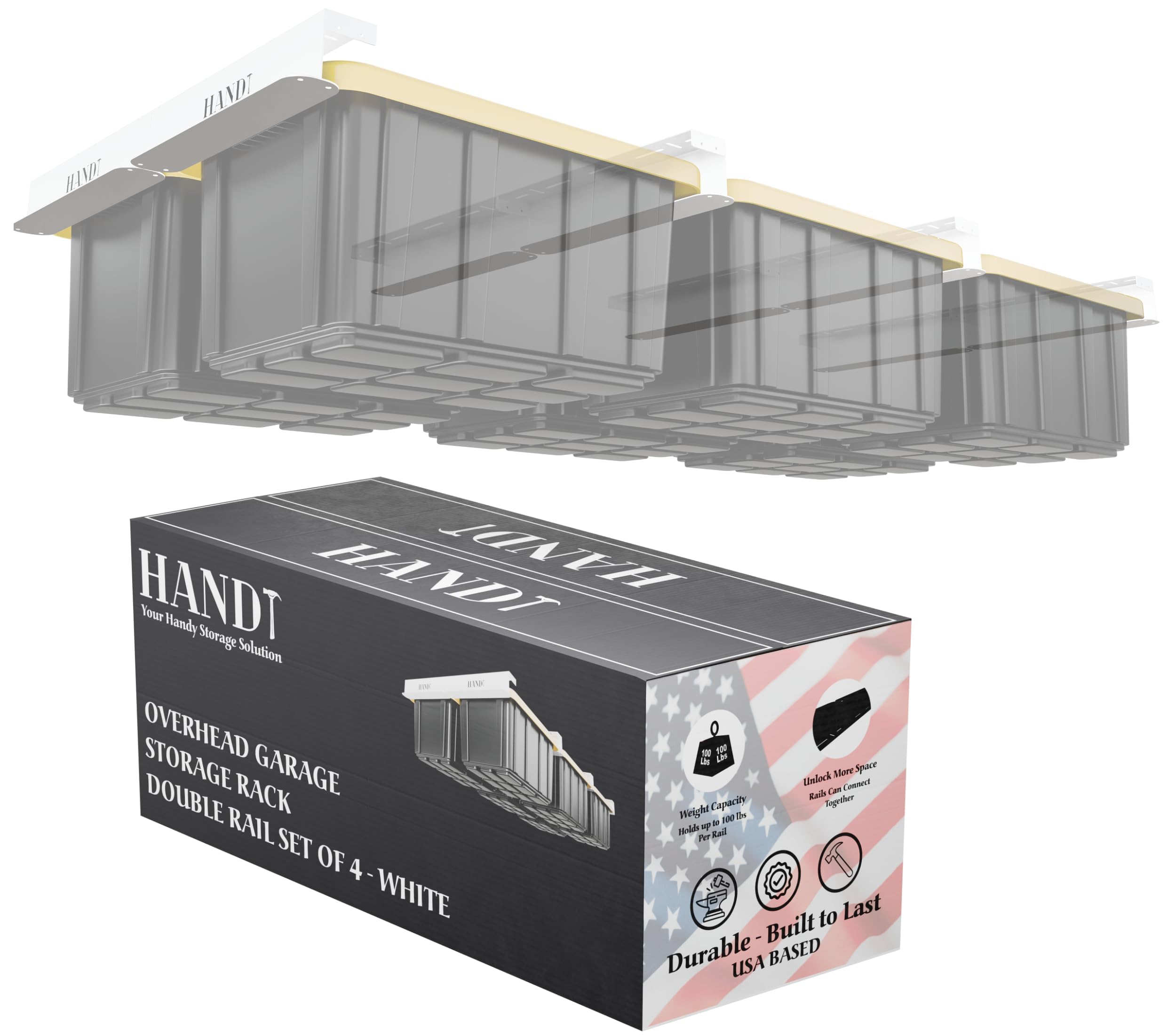 Photo 1 of ***LIKE NEW/OPEN BOX***
USA Based Overhead Garage Storage Rack, Connectable Heavy Duty Metal Ceiling Rails Garage Storage Organization Shelving System, Hanging Racks Tote Containers, Supports Up To 6 Bins, 4 Sets White