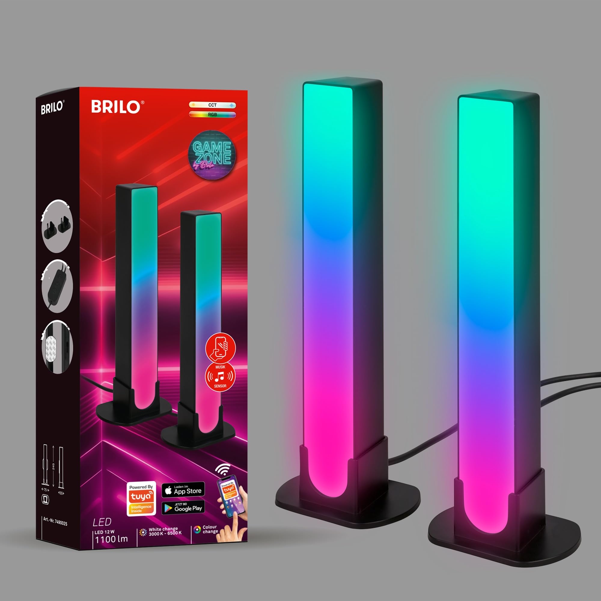 BRILONER – 2er Set LED Lightbar mit Appsteuerung, RGBIC Tischlampe und Wandlampe für Sprachassistenten, Gaming Zubehör mit Musiksensor, TV Hintergrundbeleuchtung, Schwarz, 24 cm hoch