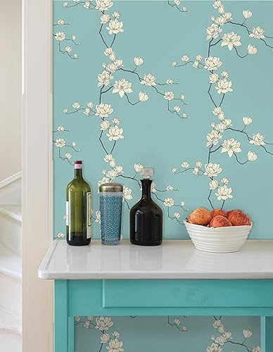 Miniatura 4 de GloryTik Papel tapiz floral para despegar y pegar, papel de contacto azul, papel de pared floral beige, moderno, autoadhesivo, extraíble,