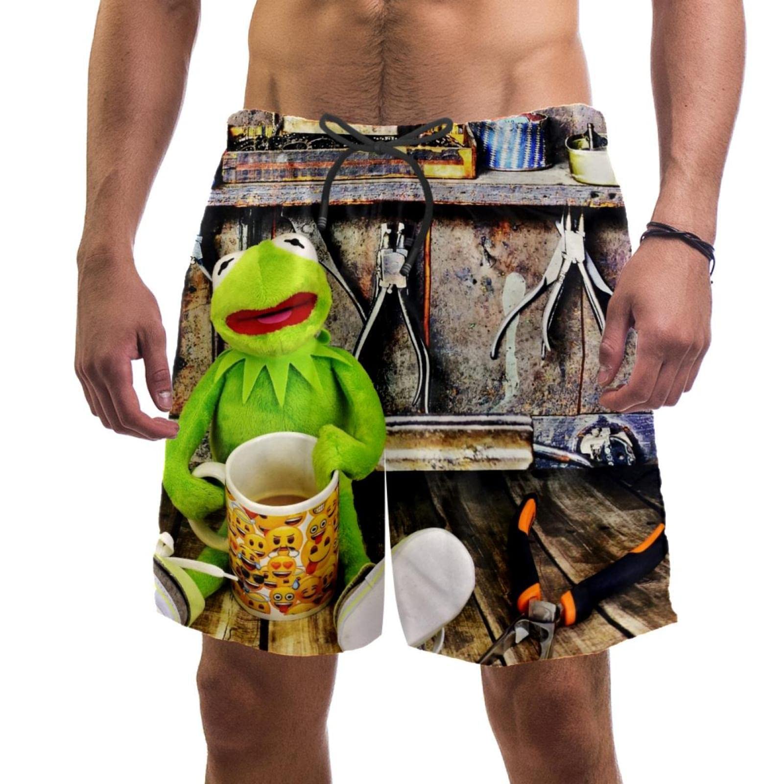 SOLJEOP Kermit Frog Swim Trunks Elastic Swimsuit Board Shorts Beach Shorts with Pockets for Men