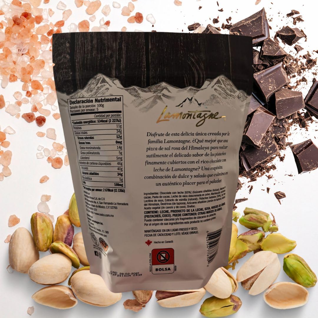 LAMONTAGNE Milk Chocolate Covered Sea Salt Pistachios with Pink Himalayan Salt, 17.68 Ounce (500 g) + NAJD LLC Sticker + Reusable Ice Packs.