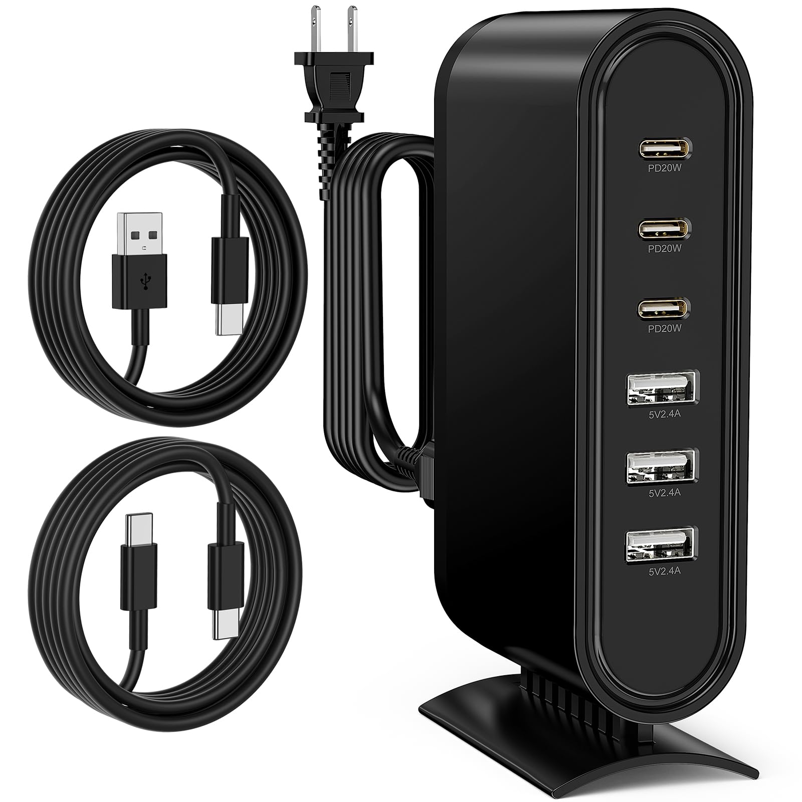 96W Charging Station for Multiple Devices,6 Port Multi Charger Station with 6.6ft USB C Cables,USB C Fast Charging Hub Organizer Multiport for iPhone 16 15 Pro Max, Samsung, Android, iPad, (Black)