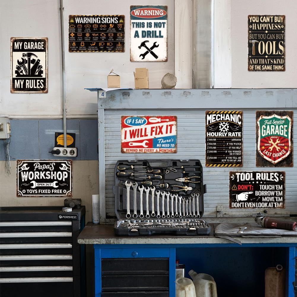 9 Pcs Vintage Garage Signs Mechanic Accessories, Man Cave Decor, Funny Garage Metal Tin Signs, My Rules Car Wall Decor 8 X 12 Inch Mechanic Gifts For Men Dad&Husband Mechanics Shop Sign