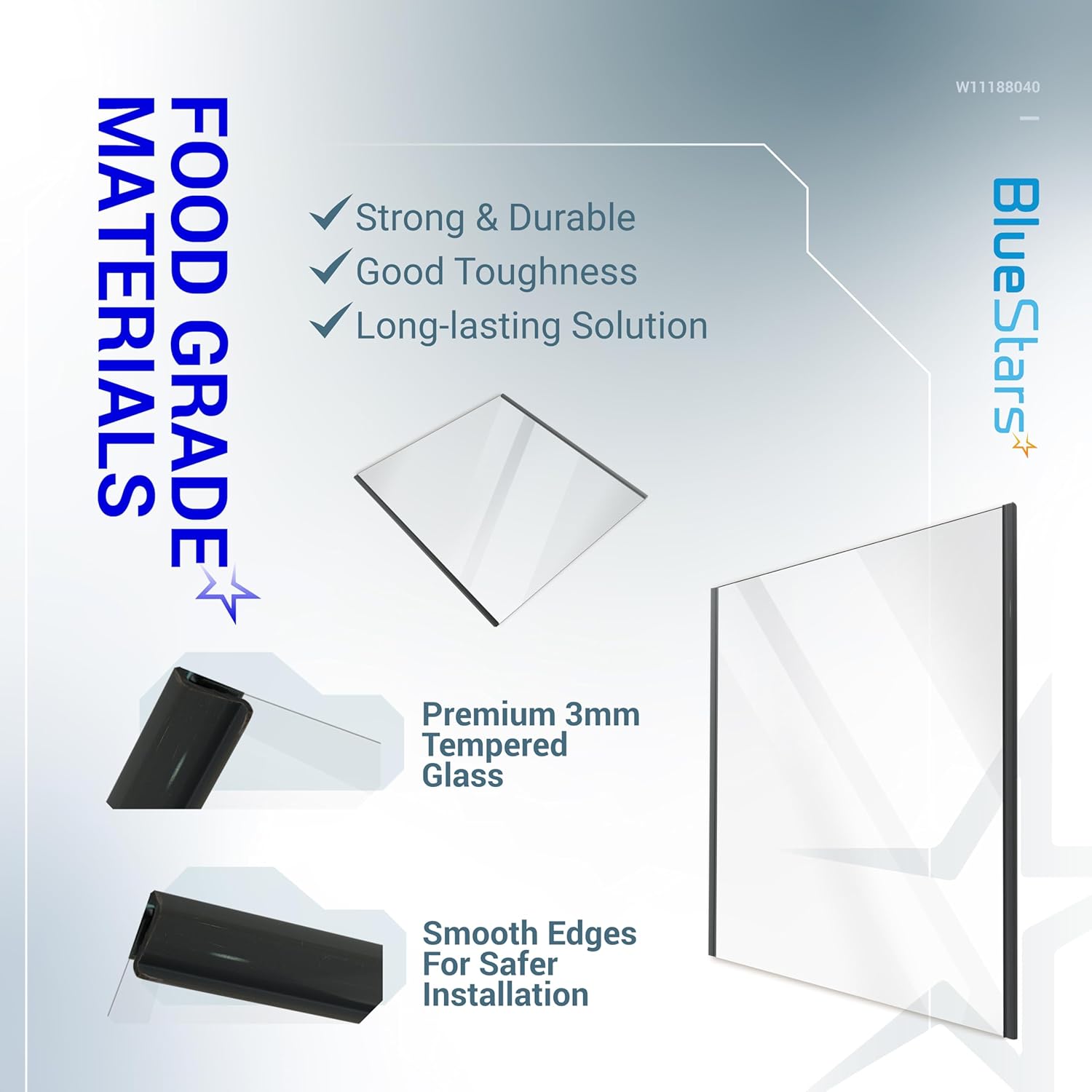 BlueStars W11188040 Refrigerator Fresh Food UPPER Glass Shelf - Size 16-3/8" x 17-5/16" - Compatible with Whirlpool Maytag Refrigerator - Replaces W11135529 AP6286990 PS12348757 EAP12348757 4547258