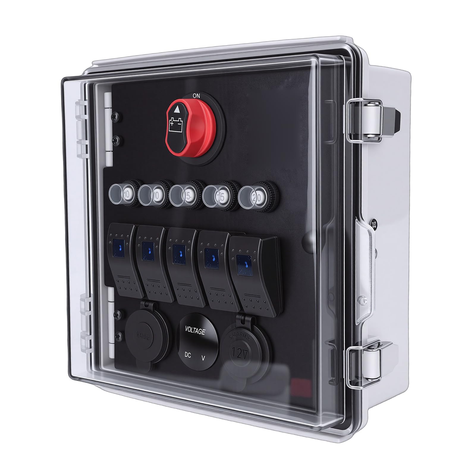 Schalterfeld 5-fach mit USB Ladegerät und Voltmeter, wasserdichte Schaltbox IP67, 3-Positions Kippschalter mit LED Anzeige für LKW Wohnmobil Boot Outdoor Camping
