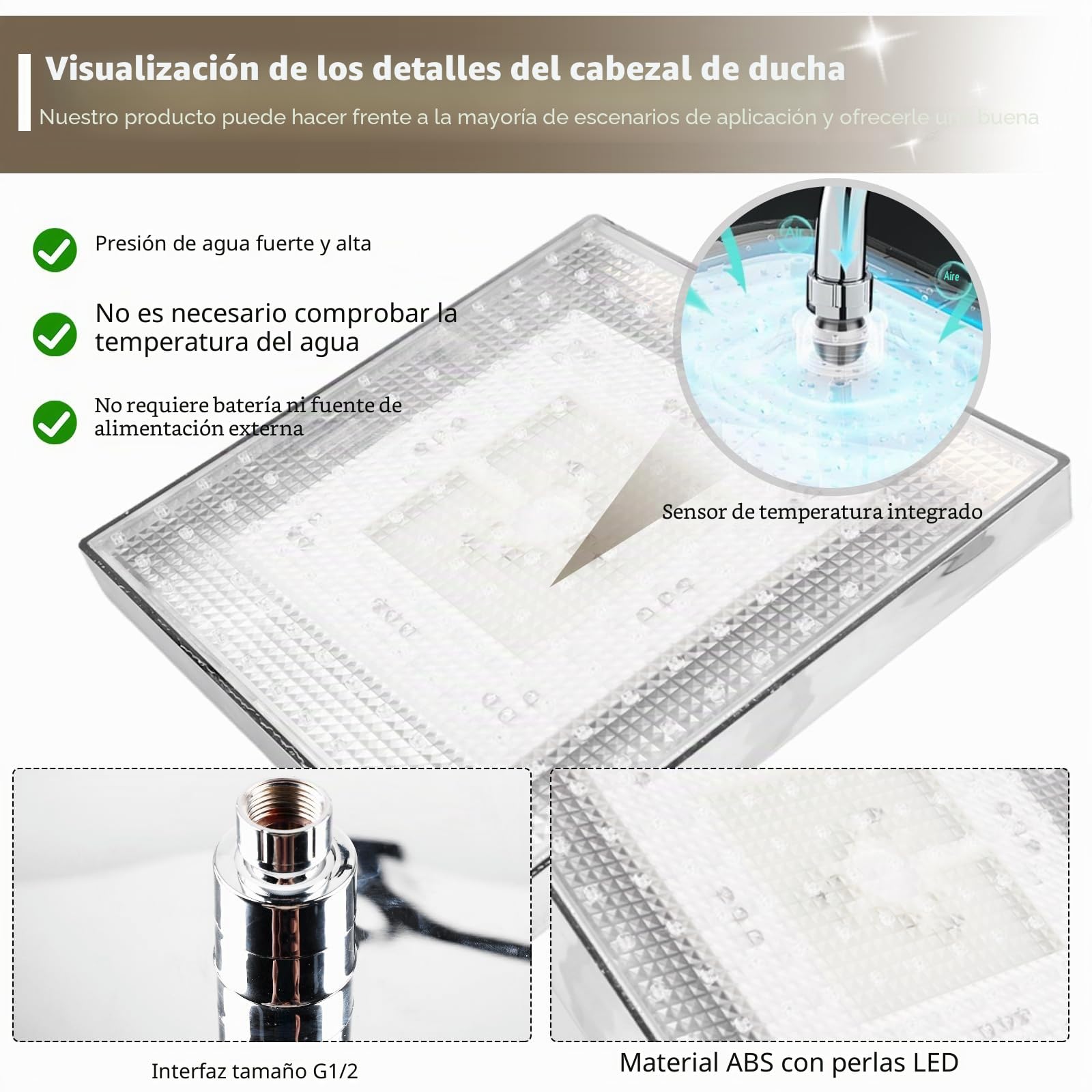 Cabezal de ducha de 20 cm, cabezal de ducha con efecto lluvia LED, con control de temperatura, 3 colores, alto rendimiento, cuadrado, para el hogar y el baño