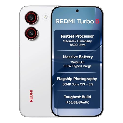 REDMI Turbo 5 (12GB + 256GB) Turbo White | Dimensity 8500 Ultra | Mega 7540mAh Battery | 100W HyperCharge | Compact 16.75cm(6.59) 120Hz AMOLED Screen | 50MP Sony OIS Camera | Upto 60% Assured Buyback