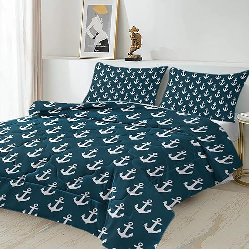 Miniatura 2 de DECOVOGUE Juego de edredón de 3 piezas con diseño náutico oceánico para niños y hombres con anclajes blancos sobre azul marino, tamaño Queen (90