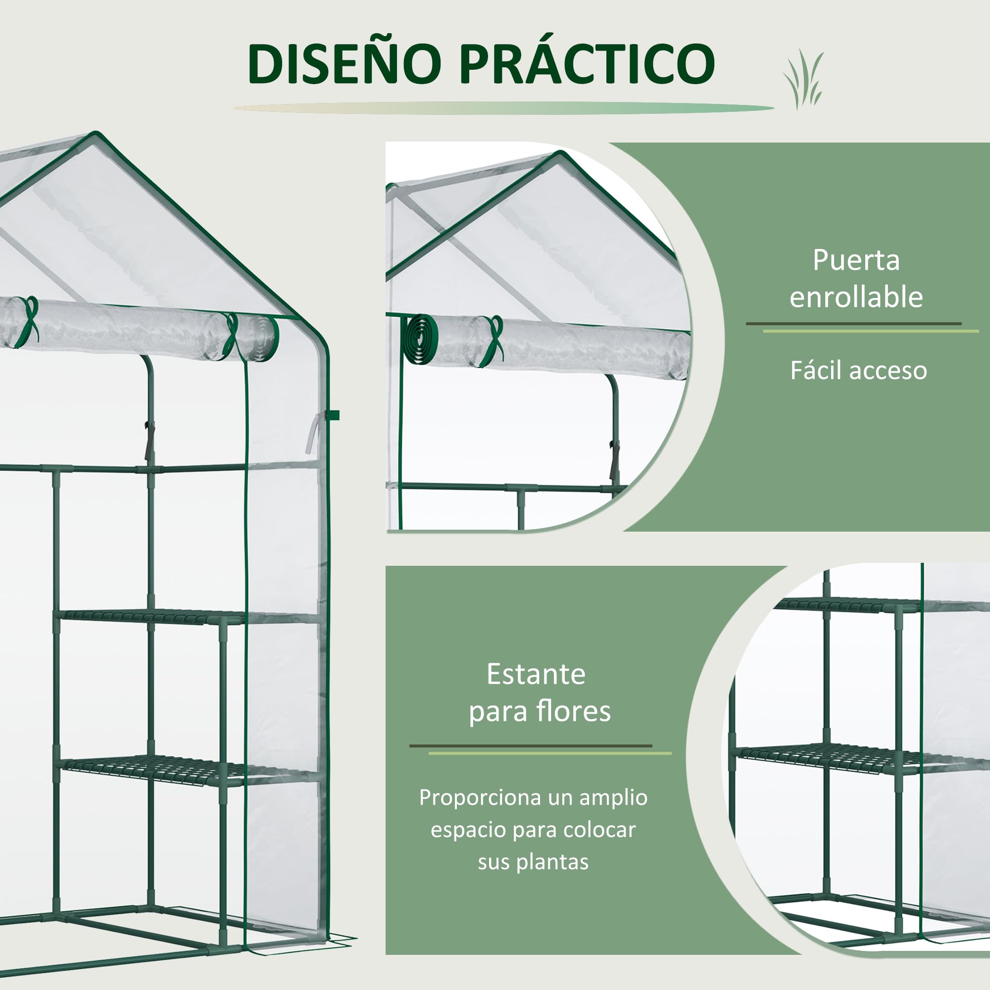 Outsunny Invernadero de Jardín Invernadero de Terraza con 4 Estantes 1 Puerta con Cremallera para Cultivo de Plantas Flores Verduras 142x73x195 cm Verde
