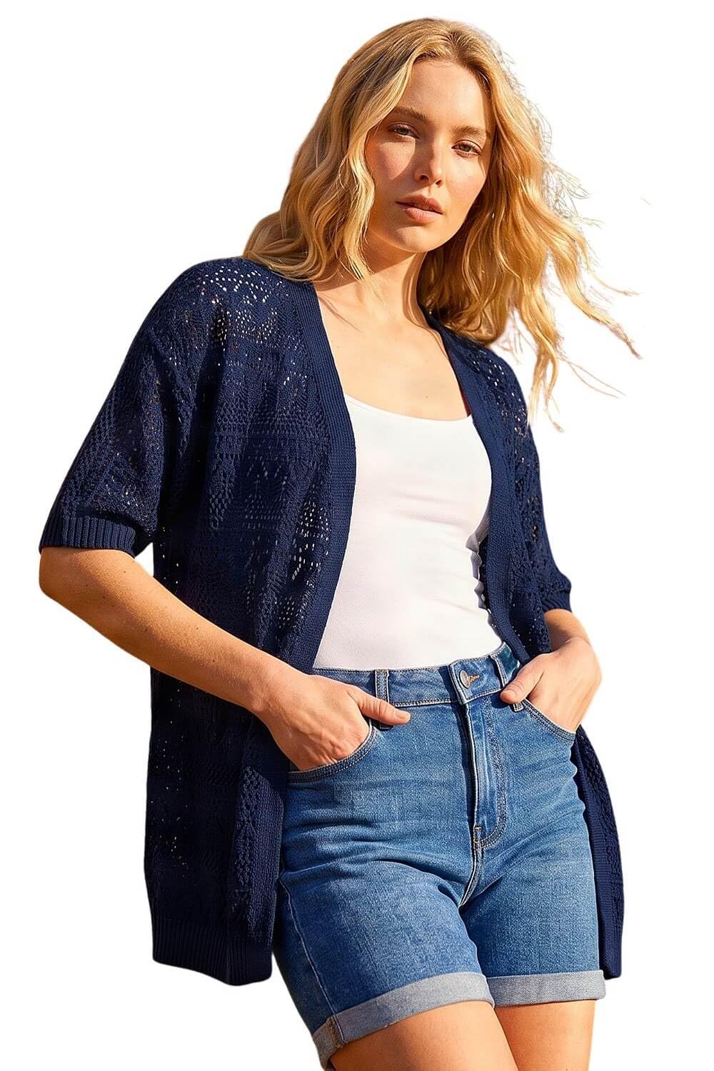 Roman Women's Navy Stitch Detail Knit Cardigan In | Size: 14