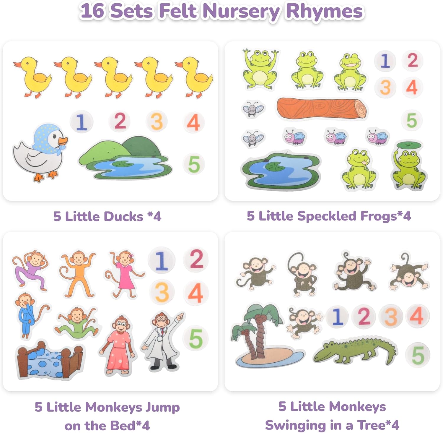 CHEFAN Felt-Board for Toddler, Flannel Board Stories for Preschool Activities, 4 Sets Felt Storytelling Board, Five Little Monkeys, Five Speckled Frogs, Felt Pieces(4PACKS)