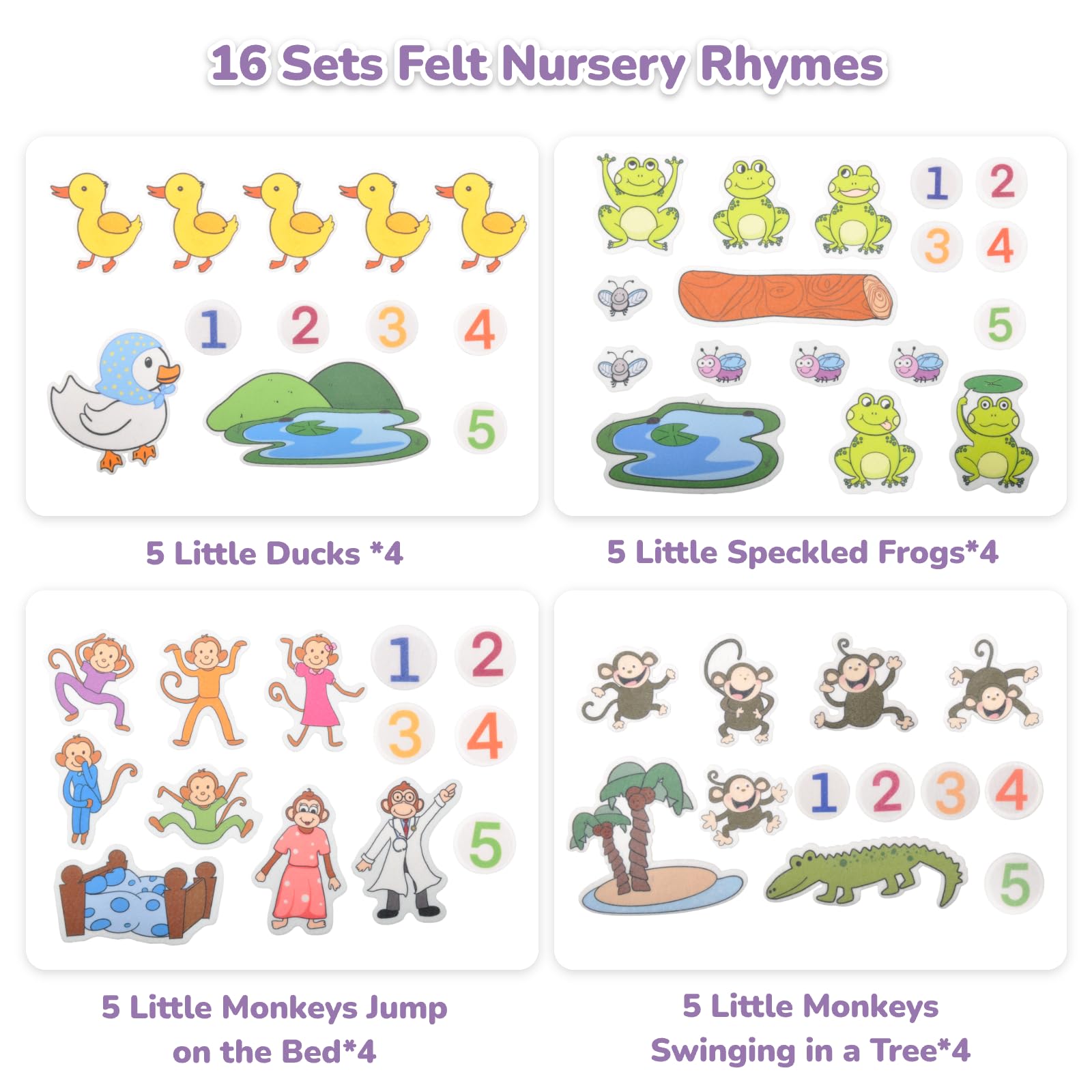 CHEFAN Felt-Board for Toddler, Flannel Board Stories for Preschool Activities, 4 Sets Felt Storytelling Board, Five Little Monkeys, Five Speckled Frogs, Felt Pieces(4PACKS)