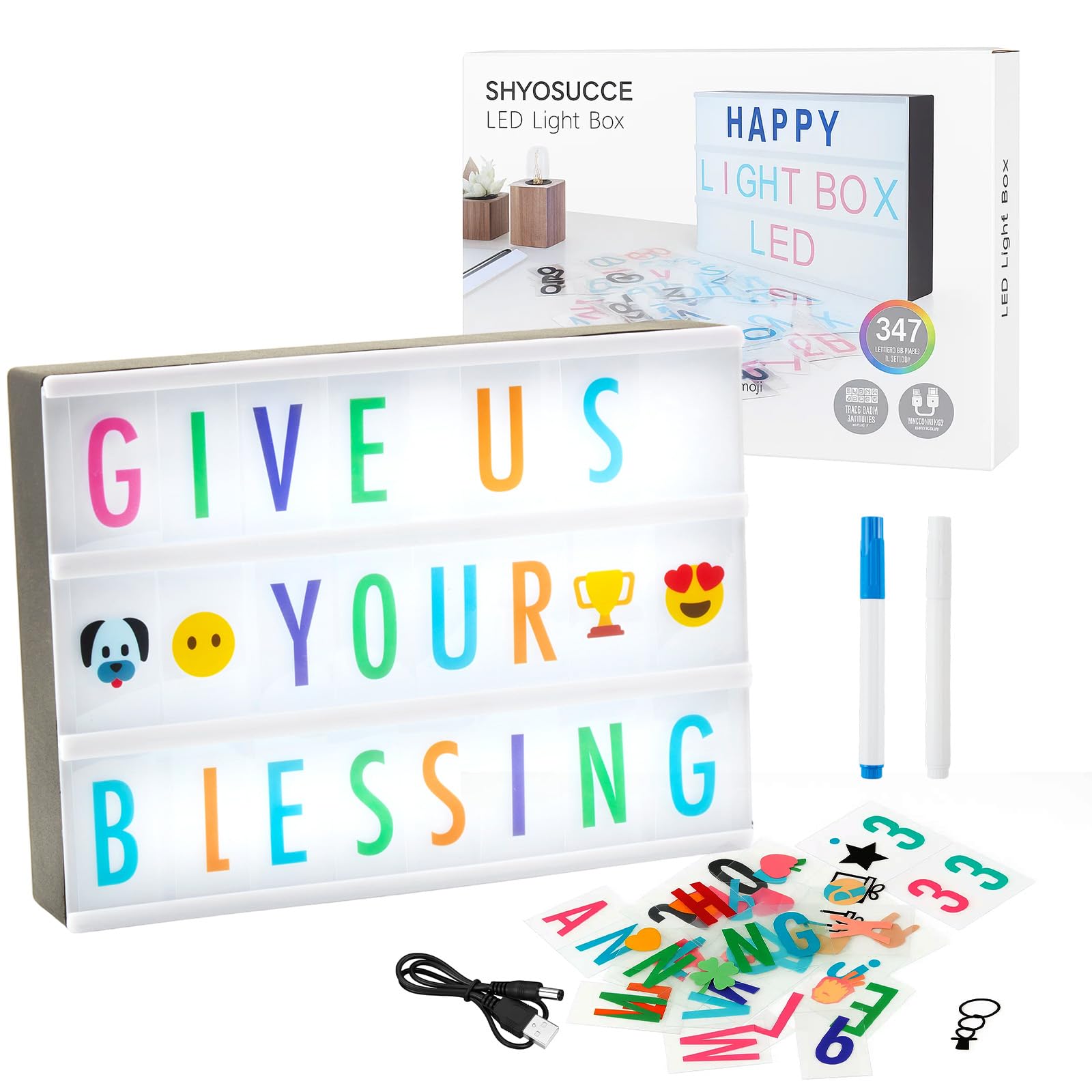 LED Light Box Cinema Style Message Board with 180Letters+85 Emojis+81 Transparent Cards +2 Markers Vintage Home Decor for Bedroom, Party, Wedding - Creative Gift for Kids, Teens, Adults (Black)