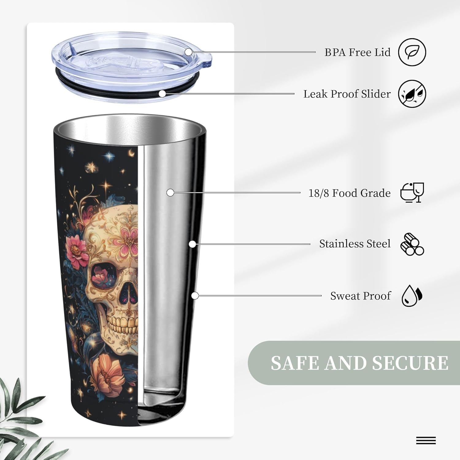 Skull Tumbler with Lid and Straw 20 oz Stainless Steel Cup Vacuum Insulated Leakproof Coffee mug for Home Office Travel Holiday Gifts - Image 5