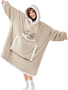 JOYWOO Beige Oversized Wearable Blanket Hoodie, Cat lovers Long Hoodie Blanket for Adult,Birthday Gifts for Women Mom Grandma,Cozy Sherpa Hooded Blanket Giant Pocket Winter Gifts,Beige,Oversize