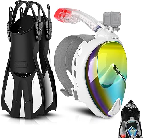 Odoland Snorkeling Packages for Adults & Youth, Full Face Snorkel Mask with Camera Mount, Adjustable Swim Fins, Mesh Bag, Anti-Fog Anti-Leak Scuba