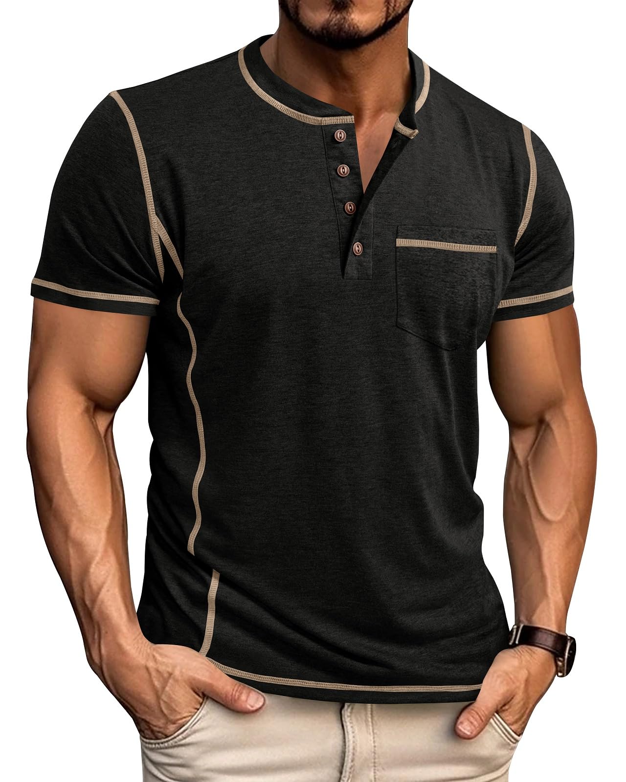 LAOARA T-Shirts Herren Henley Shirt Kurzarm V Ausschnitt Sommer Sport mit Tasche Knopfleiste Slim Fit Hemd M-3XL