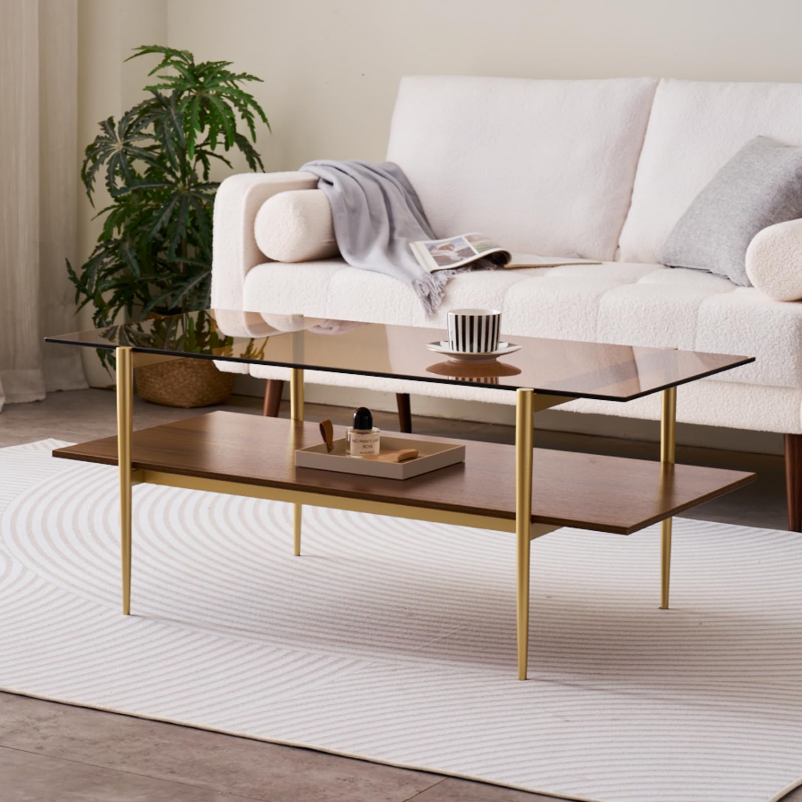 Mesa auxiliar rectangular, diseño moderno de mediados de siglo, 21 pulgadas de largo x 17 pulgadas de alto, para sala de estar, estructura de 2 niveles, parte superior de vidrio ámbar y 2