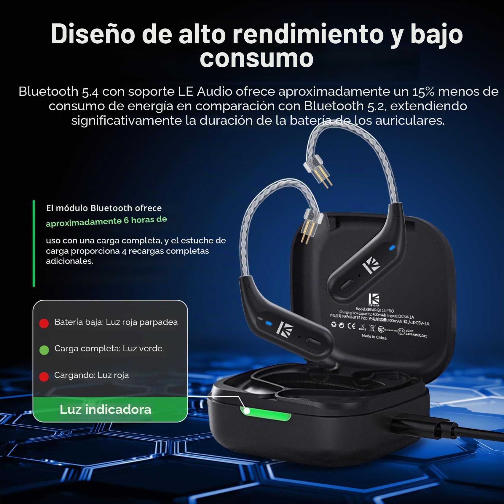 Yinyoo KBEAR BT15 PRO Bluetooth 5.4 Módulo inalámbrico con gancho para la oreja para deportes HIFI Amplia compatibilidad Cable de auriculares para KZ ZS10 PRO/EDX PRO/ZSN PRO/ZST (negro, 2 pin0.78 mm)
