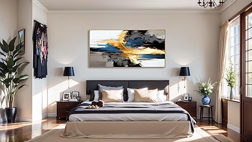 Miniatura 7 de Arte de pared abstracto para pared, pintura en lienzo negro y dorado, obra de arte moderna grande para sala de estar, dormitorio, oficina,