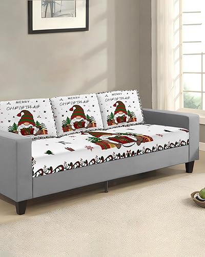 Miniatura 2 de Wowouhiya Red Green Gnomes Christmas Couch Cushion Covers, Stretch Sofa Cover with Elastic Bottom, Xmas Tree Snowflake Gifts Sofa Slipcovers