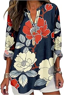 Sponsored Ad - Womens Floral Boho Shirts V Neck Plus Size Tunic Tops 3/4 Long Sleeve T-Shirts for Women Blouses Dressy