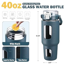 BLUEGO 40 oz Glass Water Bottles with Straw Time Marker, Glass Tumbler with Handle Top Lids, Easy to Clean, Fits in Car Cup Holder, Leakproof Jug for Gym, Sports, Workout & Daily, Dark Blue