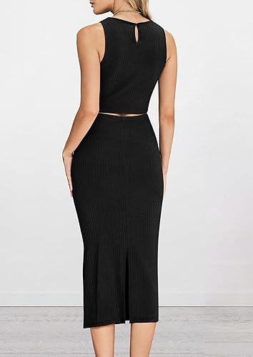 Miniatura 8 de PRETTYGARDEN Conjunto de 2 piezas de verano para mujer con cuello redondo camiseta sin mangas con abertura entallado falda por debajo de la rodilla