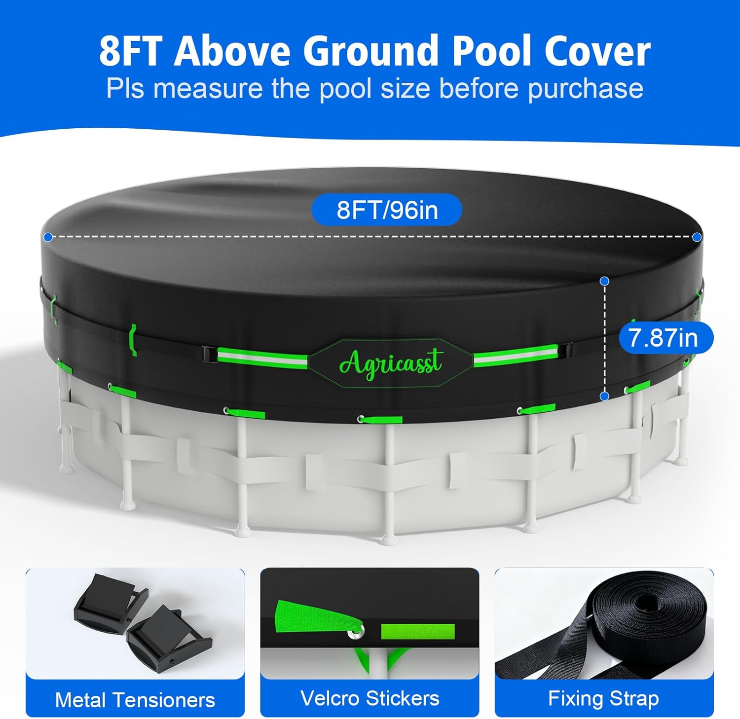8ft Round Pool Cover for Above Ground Pools, 420D Heavy Duty Solar Pool Cover with Windproof Strap Tensioner & Velcro Stickers, Side Seamless Tear Resistant, Weatherproof & UV Resistant