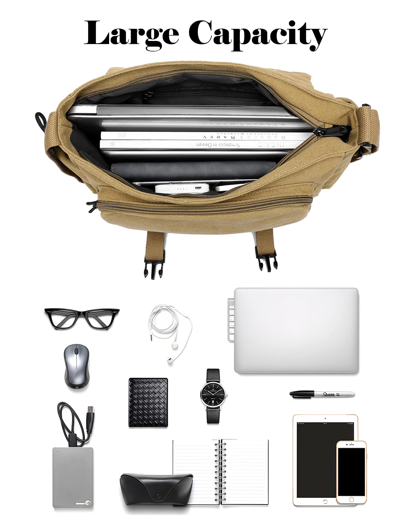Borsa a tracolla uomo, messenger in canvas con tasche e cintura regolabile, vintage hobo unisex. Per lavoro, viaggi e quotidiano